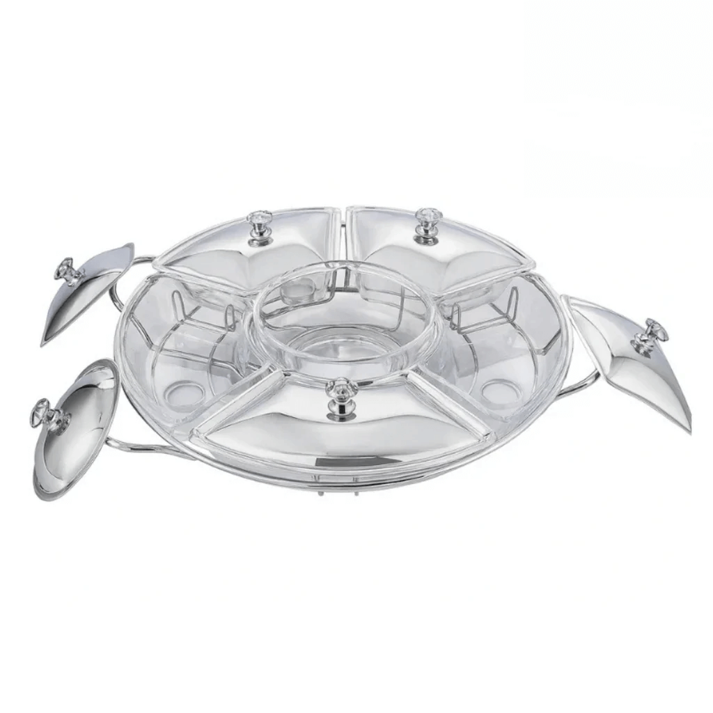 Rechaud Giratório Com 6 Compartimentos Aço Inox e Vidro 52cm