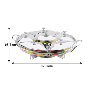 Rechaud Giratório Com 6 Compartimentos Aço Inox e Vidro 52cm