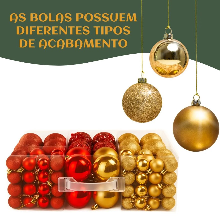 Kit 100 Bolas de Natal (Lisas, Foscas e Glitter)